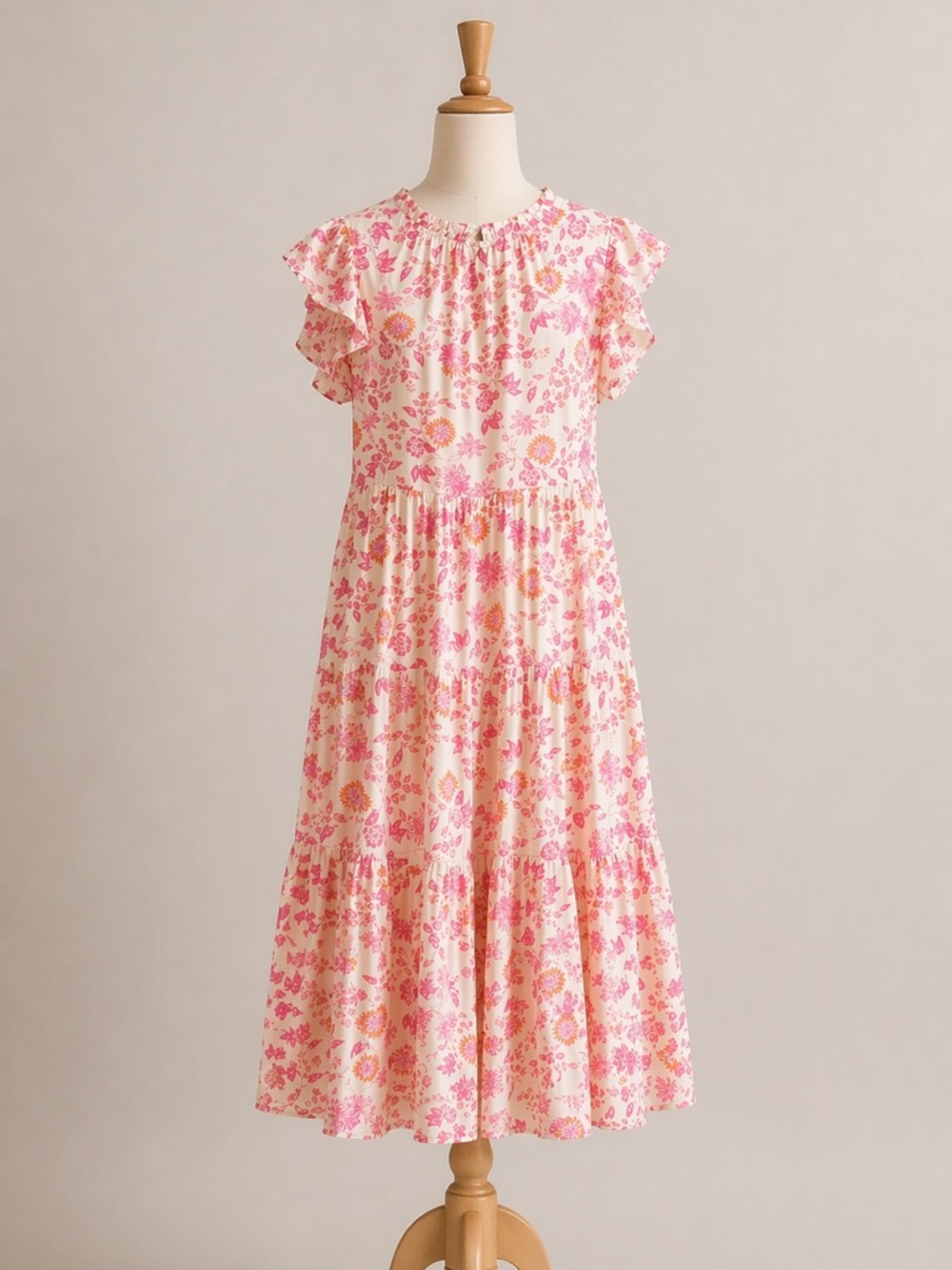 VOY Pink Floral Tiered Midi Dress Ruffle Sleeve Boho Cottagecore NWT Large NWT
